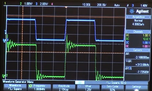 scope capture showing ringing affect in a high speed digital signal