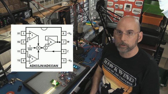 Bil Herd with a multiplier breadboard showing the AD633
