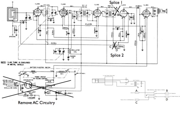 Schematic of minor modifications to the Olympic 6-606 battery tube radio.