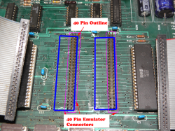 Chip emulators unplugged showing the 40 pin footprint shared with a 40 pin IDC header.