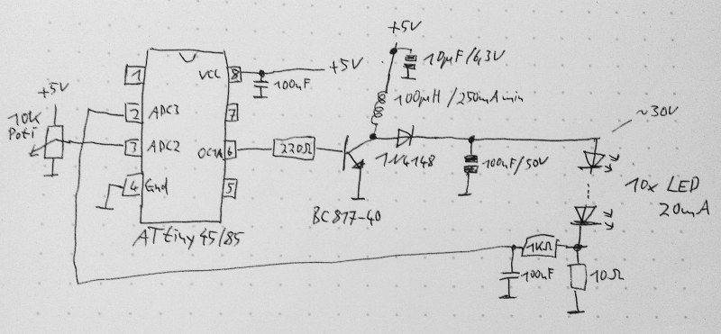 Schematic for a boost converter based on the ATtiny MCU