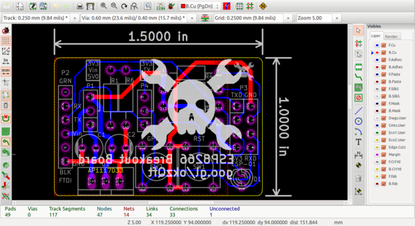 Breakout board laid out in KiCAD