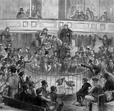 "Sunday Cockfight at Madrid" by (artist not specified) - wood engraving published in Harper's Weekly, September 1873.. Licensed under Public Domain via Commons.