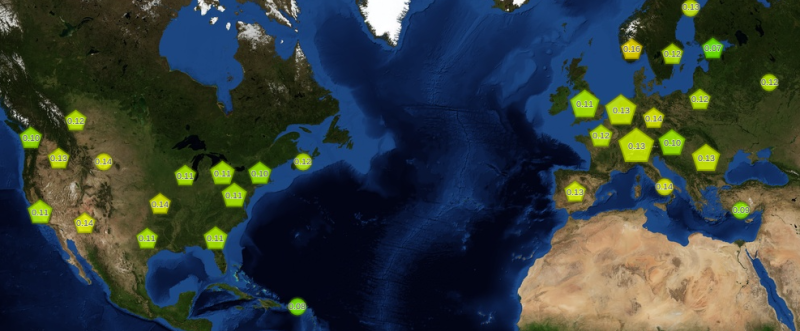 Each pentagon represents several sensors deployed in that geographic area