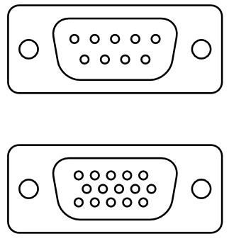 The DE-9 connector (above) used for CGA, EGA, and Hercules cards, and DE-15 connector (below) used for VGA