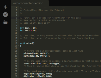 Particle's web-based Arduino-ish IDE, allowing code to be flashed to the device over the cellular network.