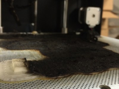 The approximate start time of the fire can be guessed by the height of the print before failure.
