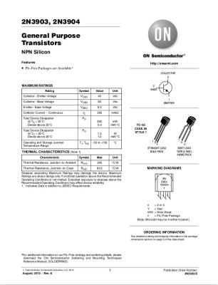 The front page of the ON Semiconductor 2N3904 datasheet.