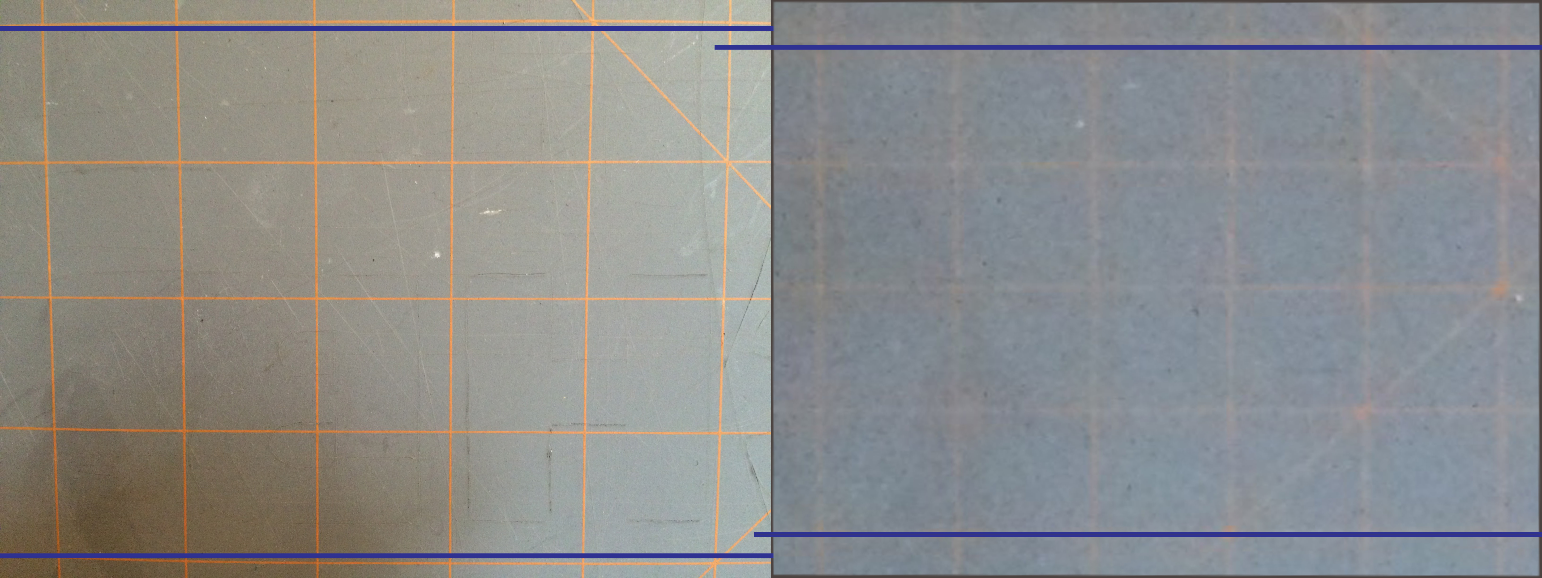 The same squares. One taken up close. The other from further away and then zoomed in. The lines show how the grid curves away. Even though the second photo is much worse in quality, it's more accurate. The filter to fix lens distortion has not been applied to either photo.