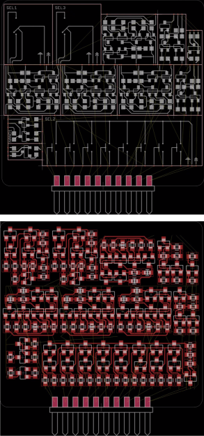 A circuit design split into modules (top) which is turned into a mostly complete PCB after running a script (bottom)