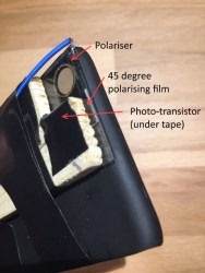 The polarizer and phototransistor taped to the iPhone.