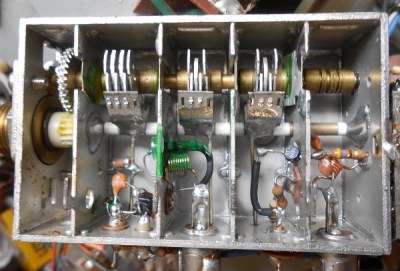 The internals of a typical UHF cavity TV tuner.