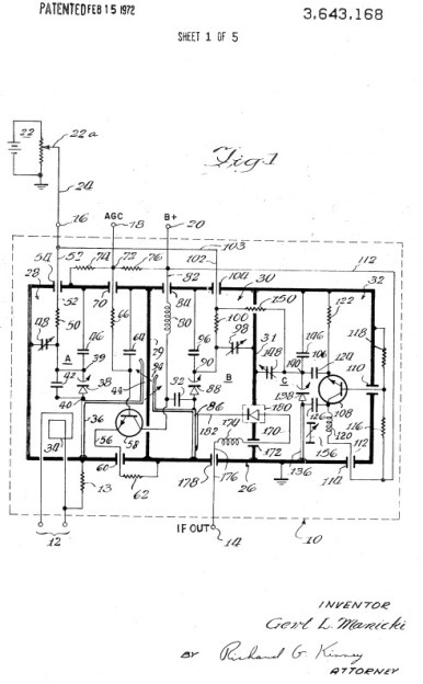 A varicap TV tuner circuit, from US patent 3643168 filed in July 1969.