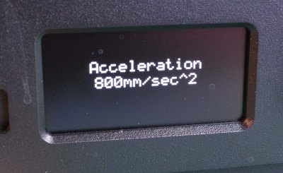 The stock acceleration of this printer is 800mm/sec². The default acceleration for Marlin is 3000mm/sec².