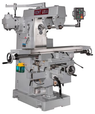 Notice how the overhead arm of the horizontal milling machine braces the spindle arbor on both sides (photo courtesy of Kent USA)