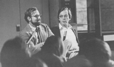 Tracy Kidder (left) and Tom West give a talk at the computer museum 