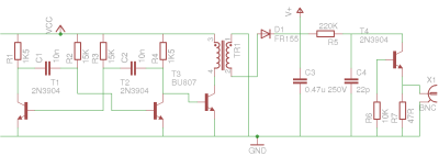 Our avalanche pulse generator schematic. The pulse generator itself is the single 2N3904 on the right.