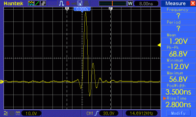 The Hantek MSO5102D, with a rise time of 2.8 ns.