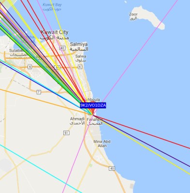 [9K2/VO1DZA], a Canadian licencee working 30m WSPR in Kuwait, showing the Kuwaiti prefix in front of the Canadian callsign.