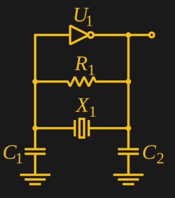 The Pierce oscillator. Omegatron [CC BY-SA 3.0], via Wikimedia Commons.
