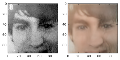 [Roland]'s face captured with the Game Boy Camera (left), and turned into a photorealistic image (right)