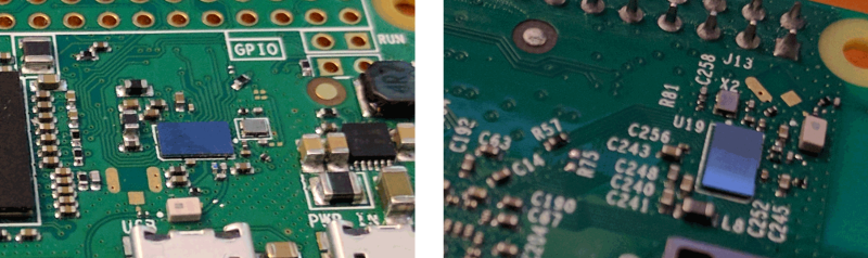 The Raspberry Pi Zero W (left) purportedly shares its wireless hardware with the Raspberry Pi 3B (right).