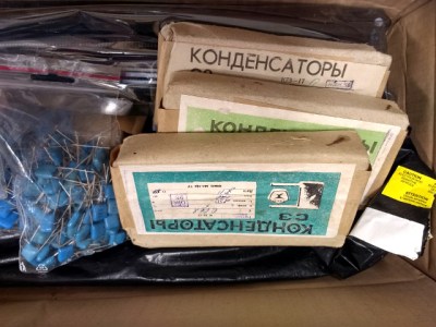 Russian capacitors in an impressive box of donated components.