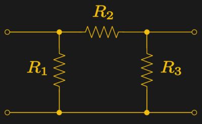 Pi network attenuator circuit. SpinningSpark (CC BY-SA 3.0).