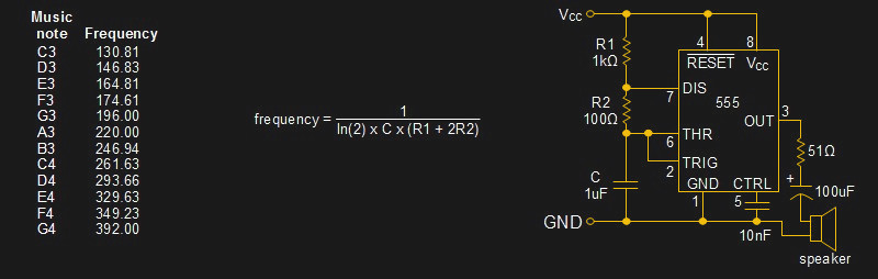 Musical note frequencies and 555 timer circuit