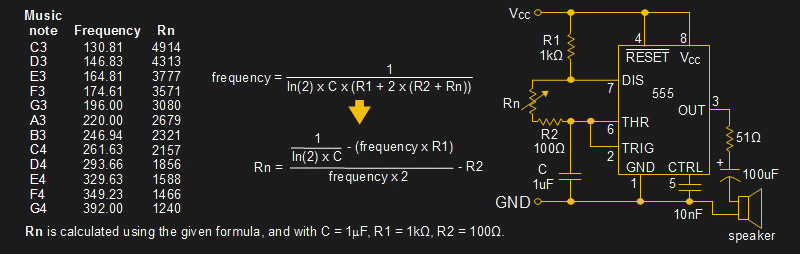 Resistances for musical notes and 555 timer circuit