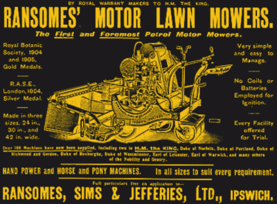 The 1902 Ransomes motor mower.