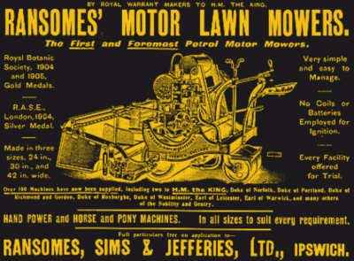 The 1902 Ransomes motor mower. 