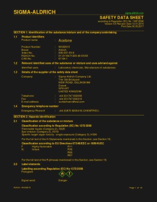 The safety data sheet for acetone