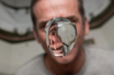 Chris Hadfield with water bubble in the ISS, Source NASA