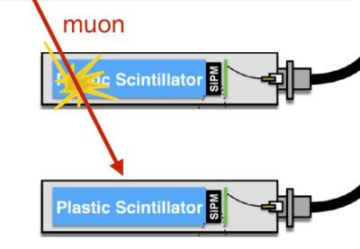 Muon detector showing the scintillator and photmultiplier