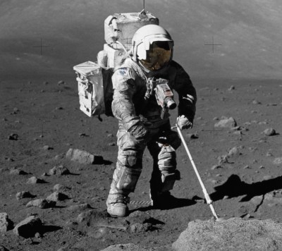 Schmitt's dusty suit while retrieving samples from the Moon