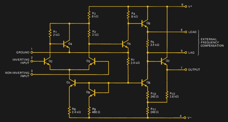 The μA702's internal circuit, as shown on its data sheet.