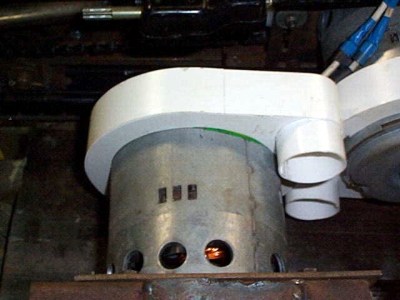 The PVC cooling air duct used on the first SMIDSY chassis, with the motors side-by-side and before installation of gauze over the air exhaust holes in the motor housing. The later chassis had the motors in-line, and used an aluminium duct.