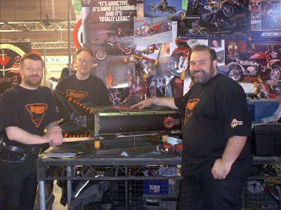 SMIDSY in the pits for series 5 of the UK Robot Wars TV show. From left to right: [Andy Pugh], [Robin Bennett], and [Mik Reed]. RIP [Mik].