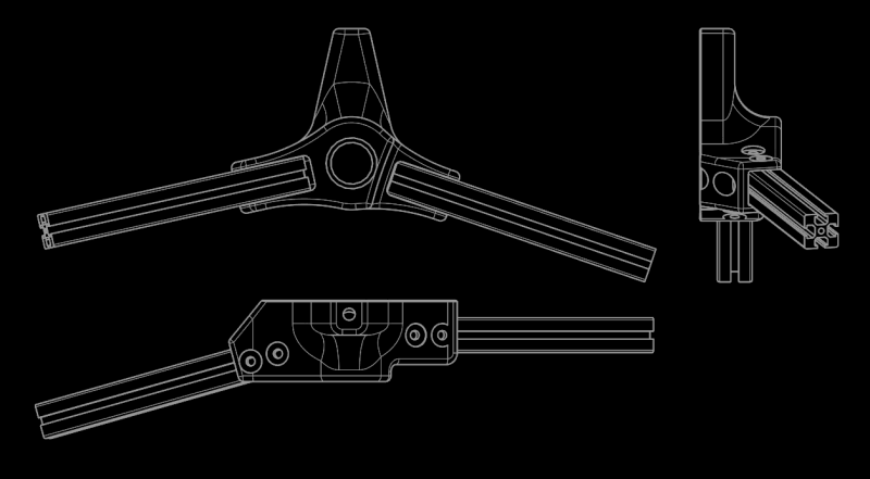 Three-view of rocker arm with two aluminum extrusion beams adjacent to it.