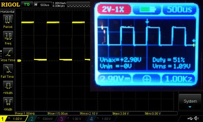 A 1kHz 3V pk-pk callibration signal, with the Nano 3 display inset top right over the Rigol display.