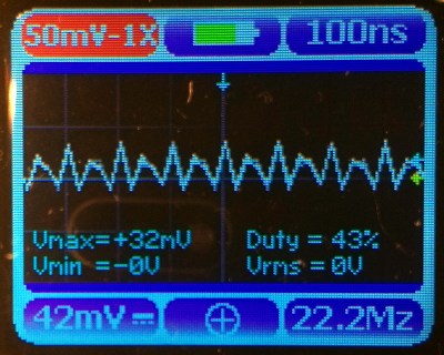 A 20 MHz sine wave at 100mV pk-pk, as seen on a Nano3 screen.