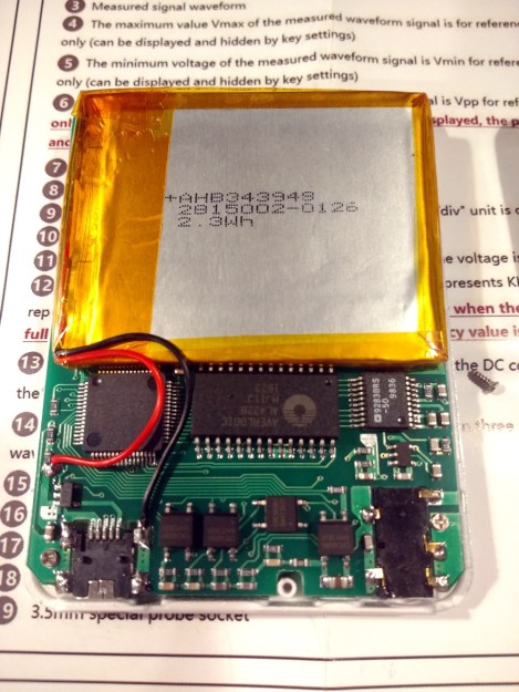 Inside the DSO Nano 3, with most of the space given over to the battery.