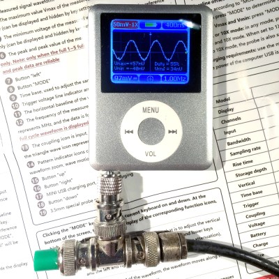 The DSO Nano 3 being fed a 1MHz sine wave by our signal generator.