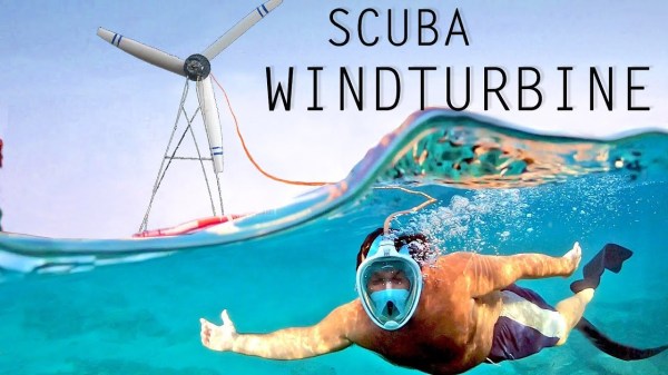 Wind turbine pumping air to an underwater scuba helmet