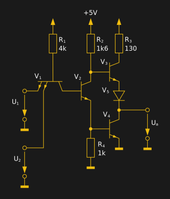  The internal circuit of a single 7400 dual-input NAND gate. 30px MovGP0 (CC BY 2.0 DE).