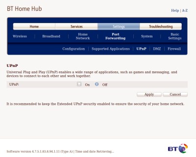 Turning off the enabled-by-default UPnP in an older BT HomeHub pulled from the surplus router pile.