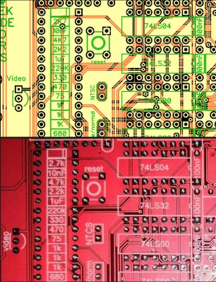 The CAD view of part of the genuine board (top, yellow) versus the same part of the bootleg (bottom, red).