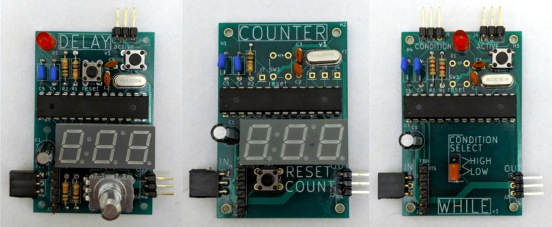 Three of the process automation bricks, delay, counter, and while functions.