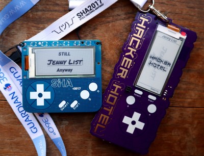 The SHA2017 and Hacker Hotel 2019 badges side by side.